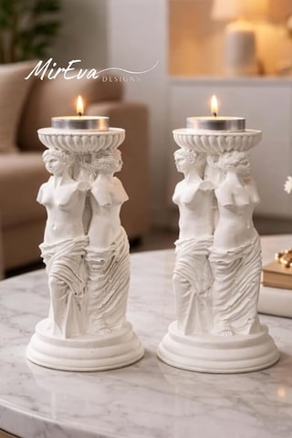 Yunan Üç Güzeller Tealight Mumluk Seti 2 Li, 16 Cm Taş Tozu Beyaz Heykel Mumluk, Antik Mitoloji Ev Dekoru