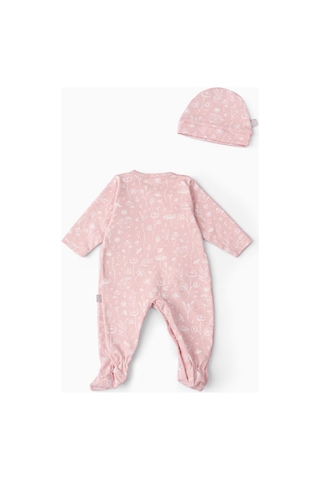 Boumini Bebek Patikli Tulum Şapka Set Bahar Çiçekli Pembe Pembe