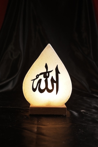 Baskılı Damla Tuz Lambası Allah Yazılı Ahşap Kaideli Dekoratif Ortam Lambası