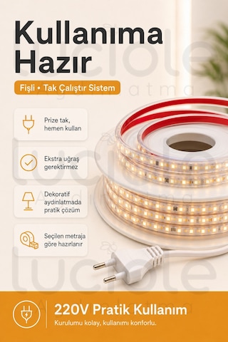 17 Metre 220v Günışığı Şerit Led Hazır Fişli Tak Çalıştır Silikonlu Yapışkanlı