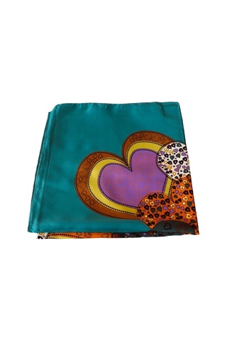 Tikitonki Kare Kesim Kalp Desenli Saten Yeşil Eşarp - 90x90 Karışık Karışık