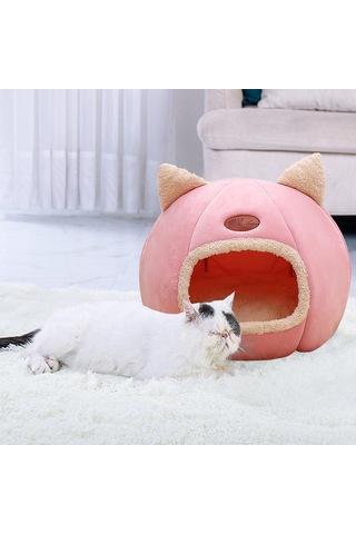 Geekyou Xl Pembe Kedi Köpeği Yatağı - Kışlık Floklu Yalıtımlı Kapalı Konseptli - Çıkarılabilir Yastık Ve Kaymaz Altı İle Konforlu Ev