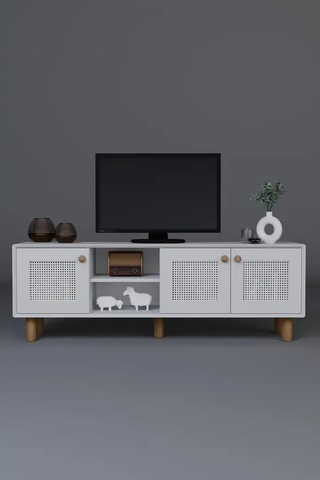 Bohem Serisi Natura Mat Beyaz Pvc Hasır Desen Tv Ünitesi Beyaz