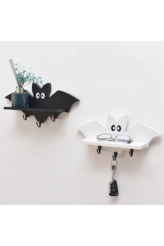 Sones Karikatür Yarasa Şekli Ahşap Duvara Monte Depolama Rafı Anahtarlık 35x17cm Beyaz