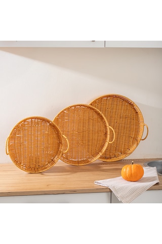 Porsima 710-b Yuvarlak 3'lü Hasır Tepsi Dekoratif Sunum Tepsisi