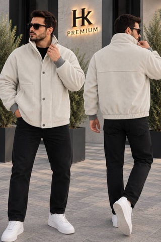 Hk Premium Erkek Fitilli Kadife Mont Astarsız Oversize Dik Yaka Çıtçıtlı Bomber Ceket Bej