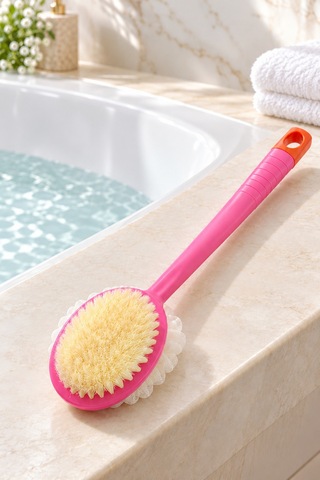 Çift Taraflı Duş Kesesi Ve Vücut Fırçası Uzun Saplı Banyo Fırçası, Peeling Etkili Masaj Kesesi Pembe Saplı - 930428623