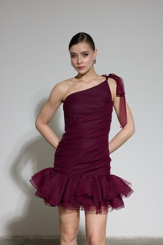 Carmen Kadın Tek Kol Fırfırlı Organze Abiye Elbise 58619 Bordo