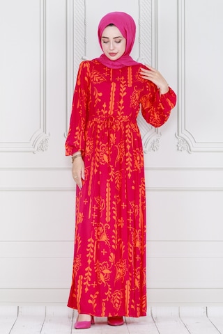 Sevitli Otantik Yarım Düğmeli Viscon Elbise-pembe-4012-pembe Pembe