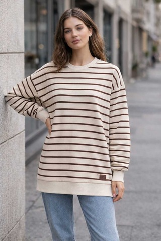 Tenra Oversize Geniş Kalıp Kadın Sweatshirt Bisiklet Yaka Basic Çizgili Kahverengi