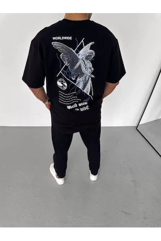 Modi Unisex Bisiklet Yaka Baskılı Oversize T-shirt - Siyah - Mymg106742