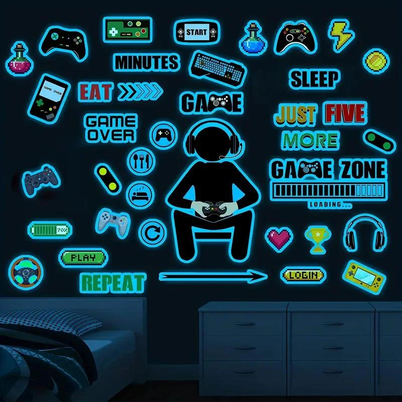 Hombey Oyun Odası Dekorasyonu Işıklı Oyun Sticker'ları - Kumanda, Konsol Desenli Duvar Sticker'ı, Erkek Kız Odası Dekoru, 30x20 Cm Beyaz