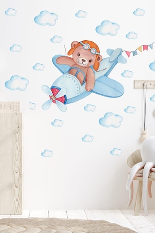 MSticker Uçakta Uçan Sevimli Ayıcık Ve Bulutlar Çocuk Bebek Odası Sticker Seti