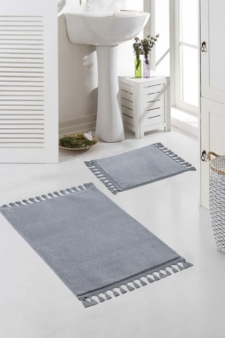 Vl Yıkanabilir Premium Ponpon Saçaklı Kaymaz Taban Post Peluş Banyo Paspası 2'li Takım Antrasit Gri