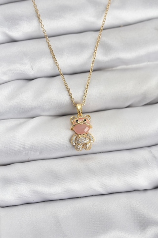 316l Çelik Zincir Gold Renk Teddy Bear Model Zirkon Taşlı Kadın Kolye - Tj-bko10852 Gümüş