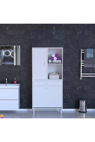 Modilayn Afra 80x173x32,5cm 1 Çekmece, 2 Göz Sepet, 1 Kapak, 4 Raf Dar Alan Banyo Dolabı Beyaz