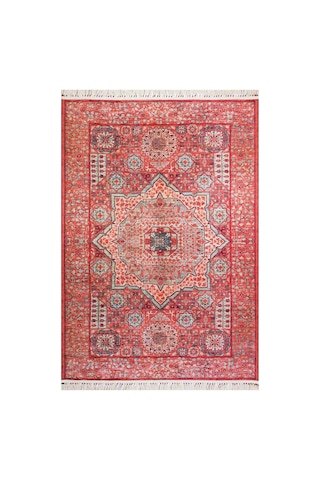 Frenda Home Vintage Desen Pamuk Taban Baskılı Yıkanabilir Halı Kırmızı