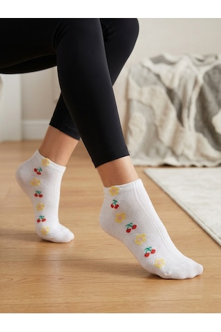Heren Socks Heren Minimal Ve Kabartma Desenli 4'lü Ekru Pamuk Kadın Patik Çorap Meyve Çiçek Figürlü