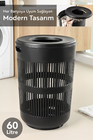 4'lü Set - 60 Lt Solara Kirli Sepeti Siyah, Katlanabilir Silikon Çamaşır Sepeti, Su Kovası, Maşrapa Siyah