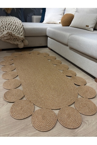 Mavaux Oval Papatya Hasır Jüt Çiçek Desenli Kilim Halı Bej
