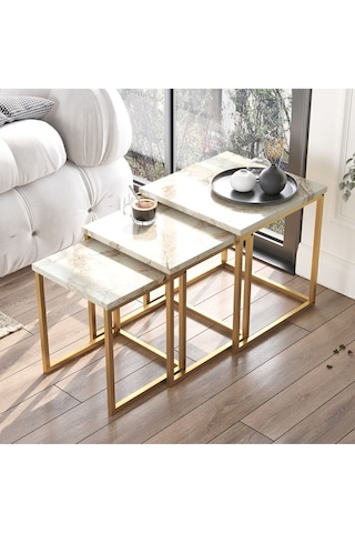 Atlantis 3'lü Gold Metal Zigon Sehpa Mermer Desen Atl7-ge Beyaz
