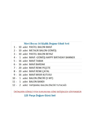 Mavi Beyaz 16 Kişilik Doğum Günü Seti