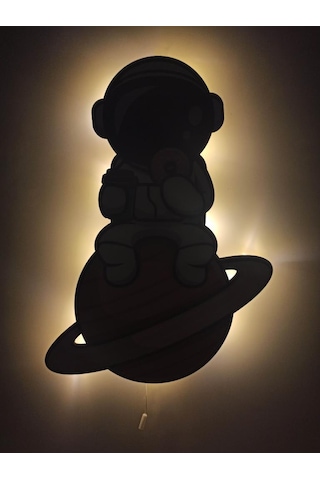 CajuArt Astronot Donut Ahşap Led Işıklı Çocuk Odası Duvar Tablosu