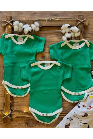 Betül Bebek Kısa Kollu 3'lü %100 Organik Pamuk Çıtçıtlı Bebek Body & Zıbın 3adet Yeşil