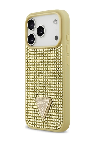 Apple Uyumlu iPhone 17 Pro Kılıf Guess Lisanslı Taşlı Arka Yüzey Üçgen Logolu Kapak Gold