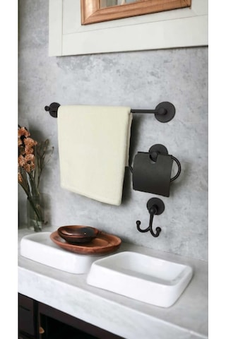 Yapışkanlı Banyo Düzenleyici Seti Havluluk, Tuvalet Kağıtlığı, Bornozluk Siyah