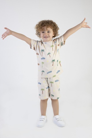 Erkek Çocuk Palmiye Baskılı Çizgili Kısa Kollu Şortlu Alt Üst Takım 001