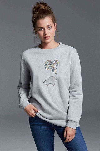 Kawaii Baby Elephants 2 Baskılı Gri Kadın Sweatshirt (534804813)