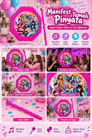 Manifest Kız Grubu Pembe Pinyata 42 Cm Sopalı Doğum Günü Parti Oyunu Ve Dekorasyon Süsü Çok Renkli