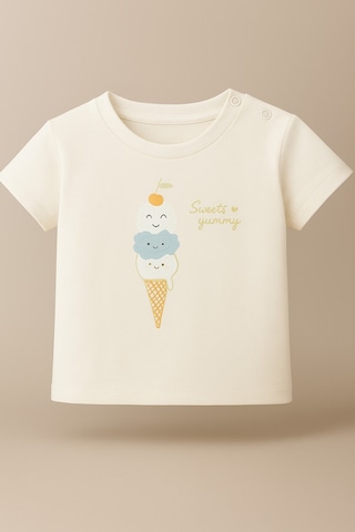 %100 Pamuklu Ice Cream T-shirt Ekru