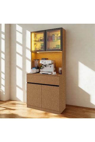 Nordıc Wood Led Li Kahve Köşesi Ünitesi Mını Kompakt Füme Cam Vitrin Komple Mdf Modern Mutfak Dolabı Kahverengi