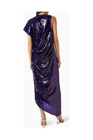 Sirapop Sinara Elbise, Mavi Payetli Asimetrik Drape Yaka Tasarım Çok Renkli