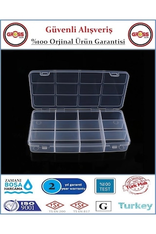 Organizer Kutusu - 12 Gözlü - Vida, Dubel, Takı, Boncuk Saklama Kutusu - 20x10x3cm Şeffaf