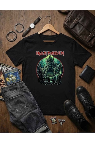 Erkek Iron Maiden Rock Metal Grubu Baskılı Pamuklu T-shirt Siyah