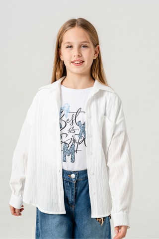 Kız Çocuk Tek Cepli Gömlek T-shirt İkili Takım 1802 Beyaz