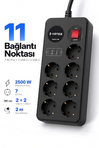 Akım Korumalı Priz 7'li + 2x Usb-a + 2x Usb-c 2 Metre Kablo 2 M
