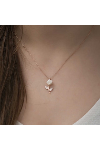 Stillove Gümüş Rose Beyaz Gül Kolye Rose Gold