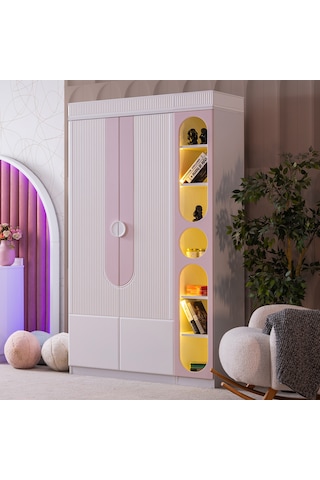Gardırop, Vira 2 Kapaklı Dolap Ve Ledli Kitaplık - Pembe
