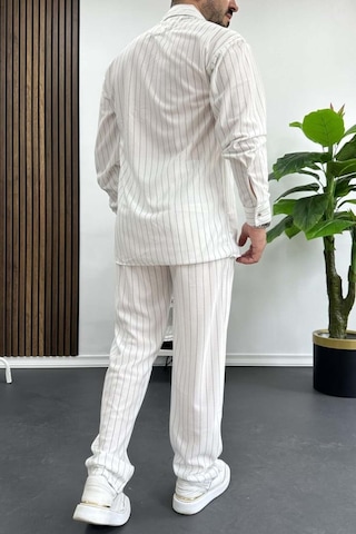 Alaçatı Stili Erkek Krep Kumaş Çizgili Gömlek Ve Pantolon Takım Beyaz