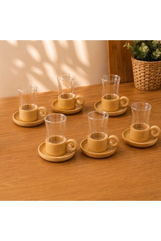 12 Parça Çay Seti - Bambu Bardak Altığı - Çift Cidarlı Cam - 150 Ml Diğer