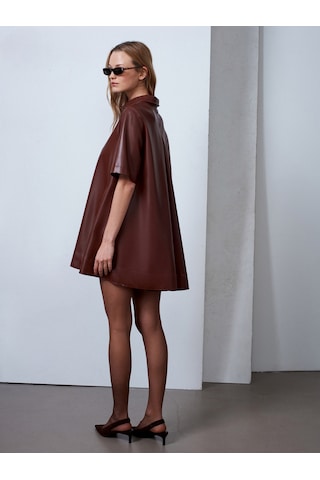 Dilvin 90934 Suni Deri Mini Gömlek Elbise-karamel Karamel
