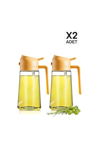 2'li Çift Fonksiyonlu Cam Yağdanlık 450ml Zeytinyağı Sıvıyağ Şişesi Airfryer Sprey Yağlık - Turuncu Turuncu