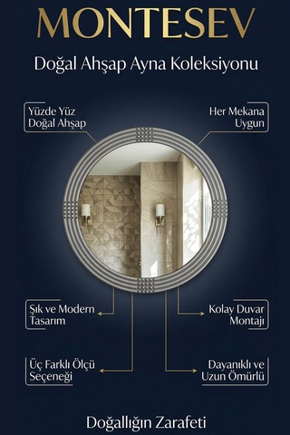 Safir Ahşap Gümüş Yuvarlak Ayna Işlemeli Duvar Banyo Aynası 56 Cm Gümüş
