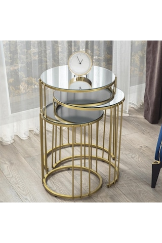 Napoli Gold Metal Ayaklı, Aynalı,3'Lü Zigon Sehpa