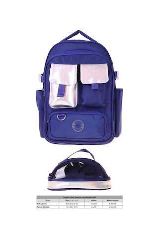 Kaukko Navy Blue Silver Kız Çocuk Lacivert - Gümüş Okul Sırt Çantası Ve Kalem Çantası Seti - Setkk-k1861c