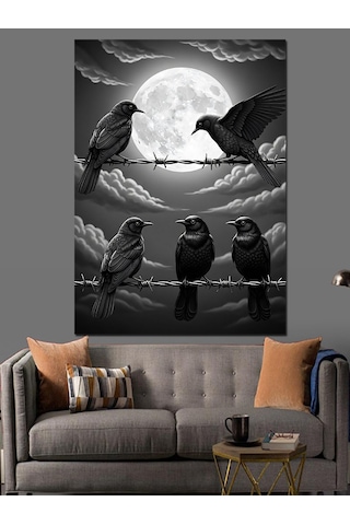 Ahşap Tablo Dikenli Telde Kara Kargalar